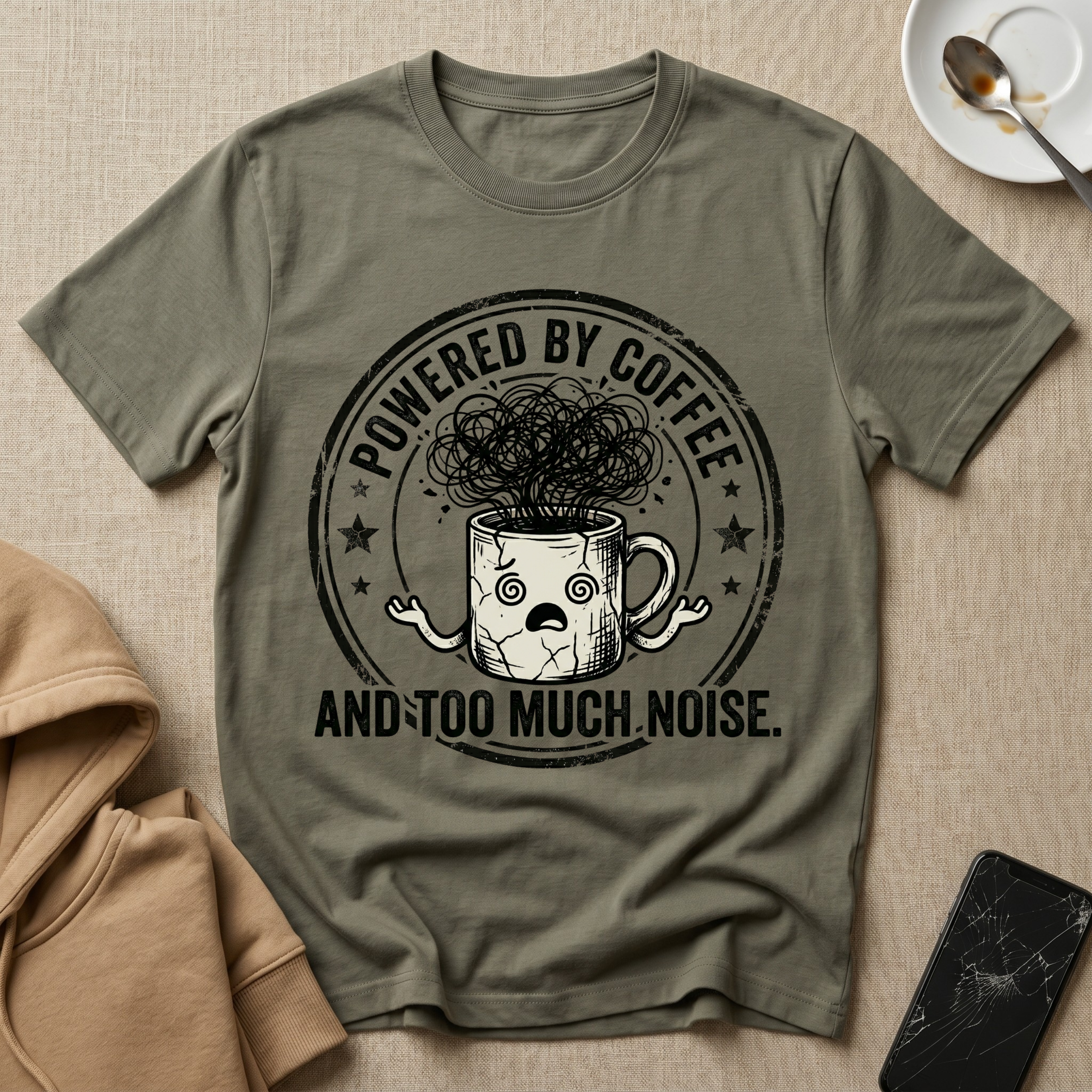 Powered by coffee and Too Much Noise T-Shirt